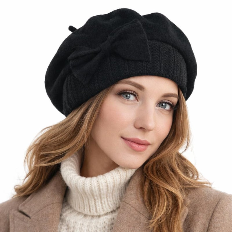 VECRY Women's 100% Wool Bucket Hat Felt Cloche Beret Dress Winter Beanie Hats (Beret-Black) - Image 1